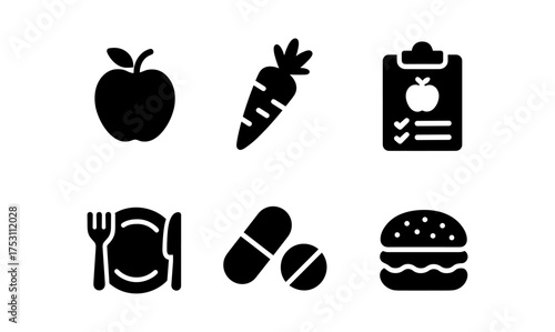 Health and nutrition icons: apple, carrot, meal, pills, and burger