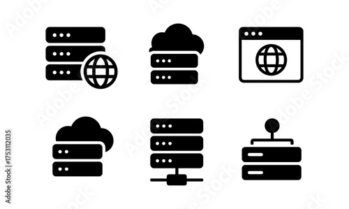 Minimalist web hosting icons set in black silhouette style for cloud and network themes