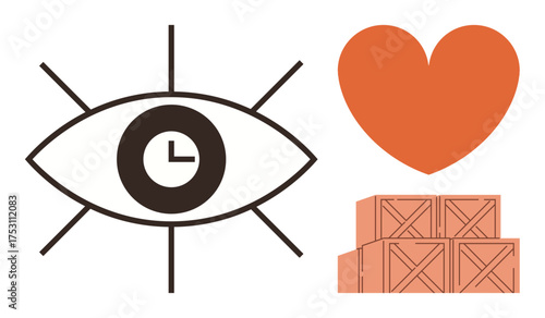 Eye with clock symbolizing time management, heart for care, and stacked crates for organization and logistics. Ideal for planning, empathy, productivity, efficiency, warehousing, strategy simple