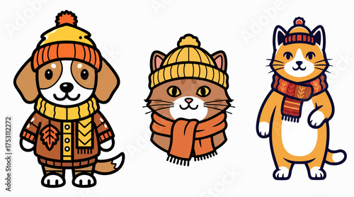 Adorable animals in autumn clothes featuring dog, cat, and playful kitten dressed in warm sweaters and hats. Autumn-themed animals with cozy apparel evoke feelings of warmth and comfort.