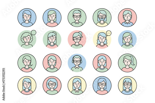 Diverse people avatar collection. User profile icons set. Modern flat line art character illustrations for team, community, or social media. Headshot portraits.
