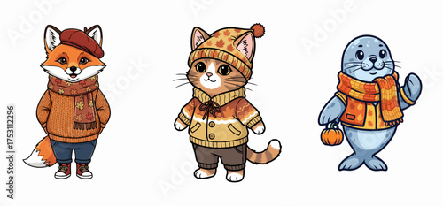 Cute animal characters in autumn clothes featuring a fox, cat, and seal dressed warmly for the season. Adorable fox wears a sweater and hat while cat and seal showcase cozy outfits too.