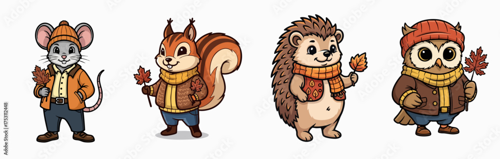 Naklejka premium Adorable woodland animals in autumn clothes holding colorful leaves including mouse, squirrel, hedgehog, and owl.