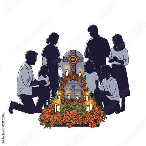 Silhouette illustration of a family gathered around an altar with candles and marigolds on a white background for Day of the Dead celebrations.