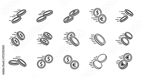 Fast money transfer icon set. Flying coins with speed lines. Quick payment and transaction concept. Dollar and euro currency exchange. Financial and business vector symbols.