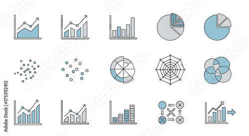 A set of data visualization and infographic icons. Vector chart and graph elements for business analytics reports. Pie chart, bar graph, scatter plot and growth statistics.