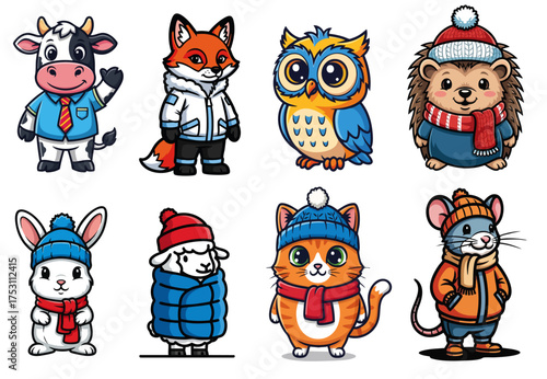 Cute animals in winter clothes including cow, fox, owl, hedgehog, rabbit, sheep, cat, and mouse. Each character showcases playful winter fashion, adding charm and warmth to cold weather themes.
