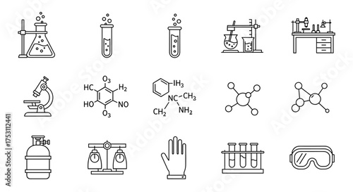 Chemistry lab research line icons set. Science experiment equipment collection. Vector symbols of flask, test tube, microscope, molecule, formula, goggles, scales for education.