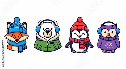 Cute winter animals featuring fox, bear, penguin, and owl in colorful winter clothing with hats and scarves. Adorable winter animals represent playful joy amidst frosty weather,