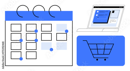 Calendar with marked dates, online shopping cart, and laptop interface for planning, scheduling, e-commerce, digital tools, time management, online services or workflow organization. Ideal for time