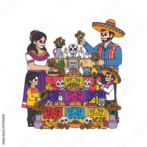 Illustration of a family celebrating Day of the Dead with an altar adorned with sugar skulls, flowers, and offerings in a vibrant and festive scene.