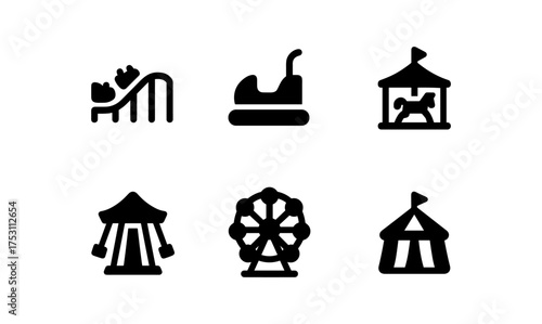 Amusement park icon set featuring rides and attractions in a minimalist style