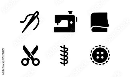 Sewing icons collection: needle, sewing machine, fabric, scissors, thread, button