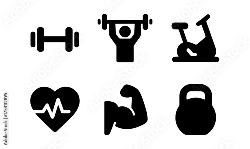 Fitness icons collection: gym equipment, heart health, and exercise symbols in black and white