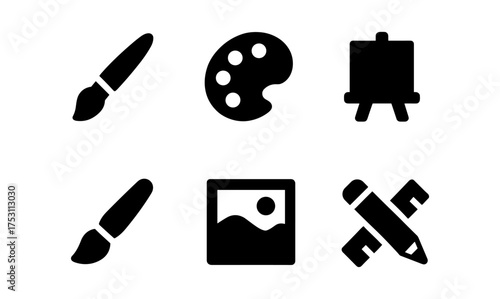 Set of black art icons featuring brushes, palette, and easel