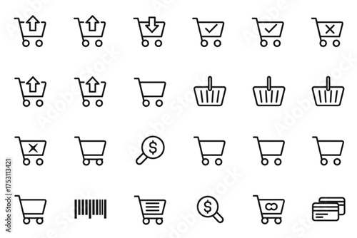 Shopping cart icon set vector collection with various shopping basket and cart symbols, ecommerce, online store, checkout, payment, buy, sell, price, barcode, credit cards, retail, marketing