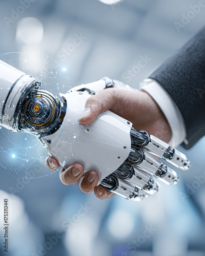 A robotic hand shakes hands with a human hand, symbolizing the collaboration between humans and technology in a futuristic setting.