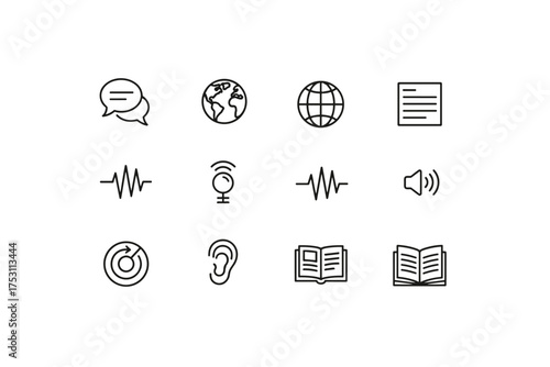 Simple outline stroke icons set of language and communication elements including speech bubbles, globe, sound waves, ear, book, and audio symbols for education and global connection