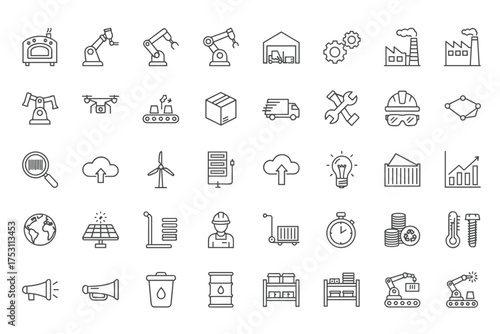 Mass production industry vector icons set with factory, robot arms, assembly line, warehouse, packaging, delivery, sustainable energy, machinery, tools, and construction worker elements