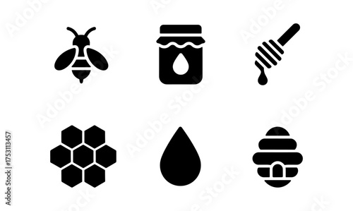 Minimalist honey icons: bee, hive, honeycomb, and jar in black silhouette