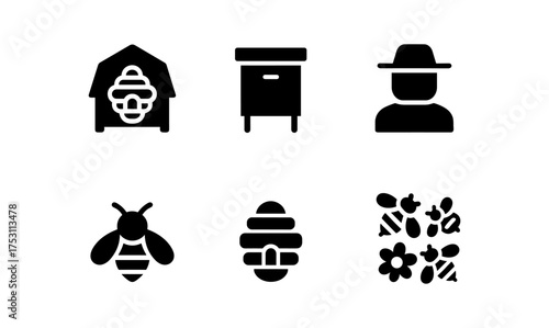 Minimalist beekeeping icons: hive, bee, beekeeper silhouettes for sustainable farming themes
