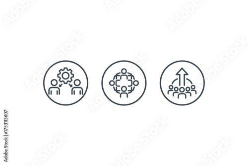 Teamwork collaboration icon set with diverse group, connected people icons, business partnership, leadership growth and team success symbols in line art design