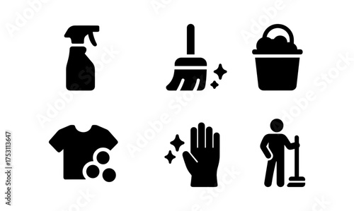 Cleaning icons set: broom, spray bottle, bucket, and more in bold silhouette design