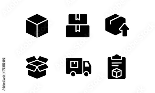 Shipping and delivery icons set: packages, truck, clipboard in black silhouette style