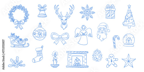 Hand-Drawn Blue Christmas Holiday Doodle Collection