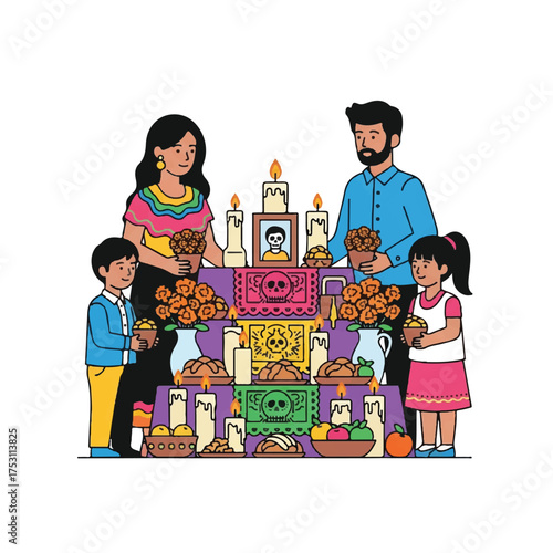 Illustration of a family with a boy, girl, man, and woman standing around an ofrenda altar with flowers, candles, and food for Day of the Dead, in a colorful and festive style against a