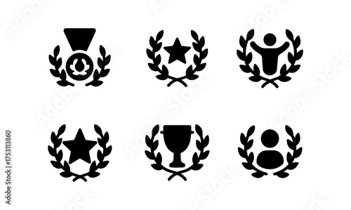 Award icons collection with laurel wreaths featuring medals, trophies, and stars