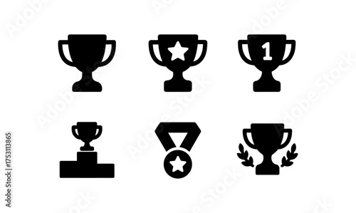 Collection of trophy and medal icons in simple black silhouette style for achievements