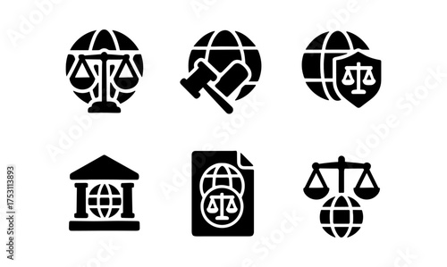 Global justice icons: legal and judicial symbols with a modern touch