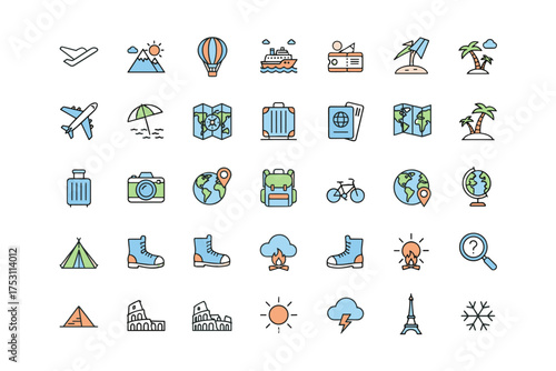 Tour and Travel Icon Set with Adventure, Vacation, Transportation, Landmarks, Weather, Camping, and Exploration Symbols for Travel Design and Tourism Concept