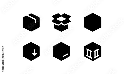 Minimalist black cube icons set: package, hexagon, arrow, roman numerals
