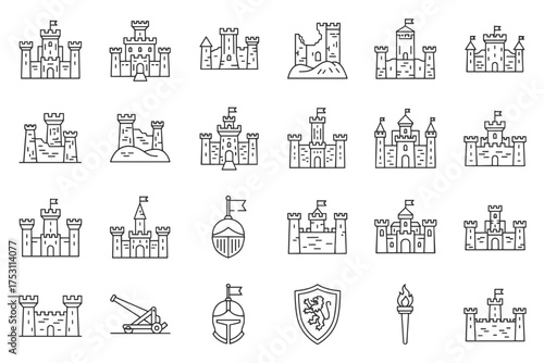 Thin line medieval castles icon set, vector fortress symbols collection, vintage fortresses and shields, old architecture, knights, and medieval weapons design