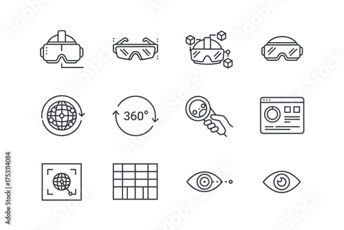 Virtual reality line icon set with editable VR headset, augmented reality glasses, 360 degree globe, digital eye scan, magnifying glass, data analytics, interface, and visualization tools vector