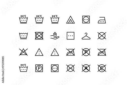Set of Laundry Care Symbols and Washing Instruction Icons with Temperature, Bleaching, Drying, Ironing, and Dry Clean Guidance for Fabric Care and Textile Labeling