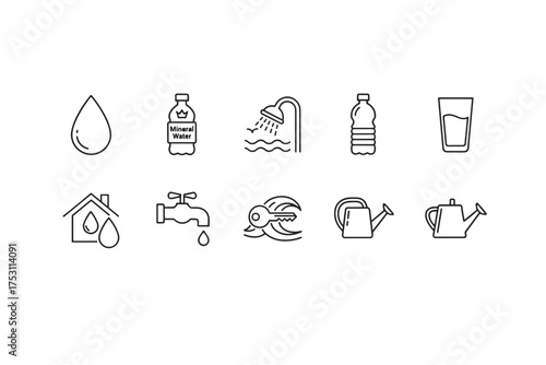 Water icons set with mineral water bottle, dripping tap, home water concept, showerhead, glass of water, and watering cans line art collection for real estate and hydration