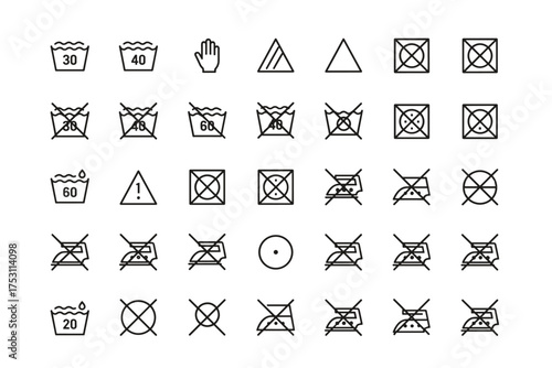 Vector set of laundry washing care symbols and icons for fabrics including temperature limits, drying, bleaching, ironing, and professional cleaning instructions, minimalist design