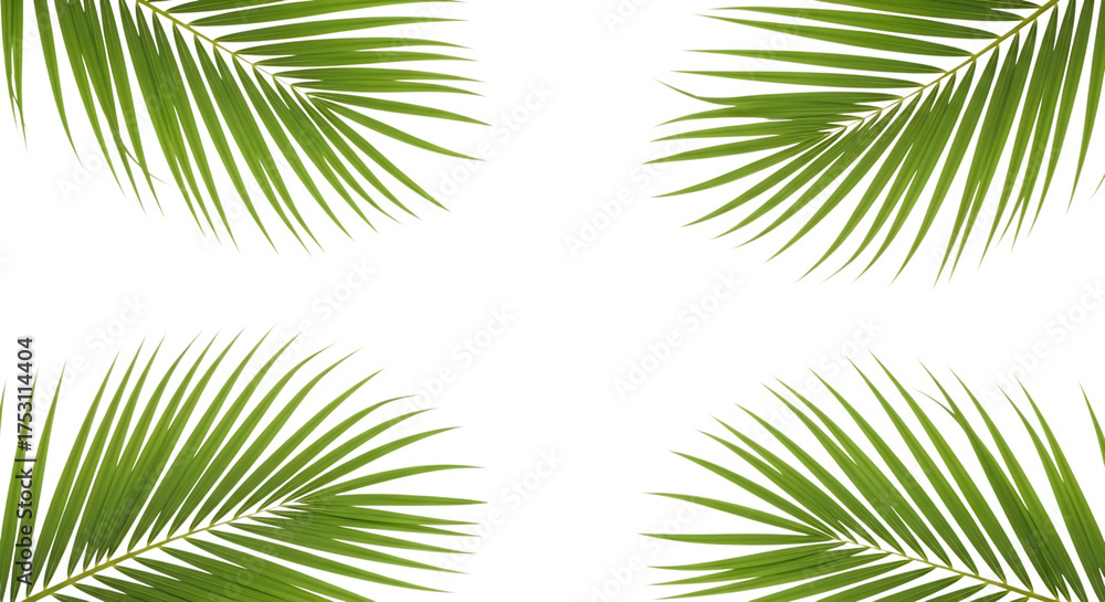 Fototapeta premium Four green palm fronds arranged in a square isolated on transparent background