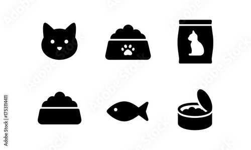 Silhouette icons of cat food and accessories for pet lovers