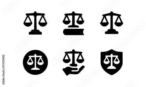 Set of justice scales icons in minimalist black silhouette style