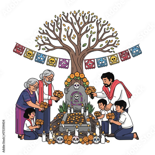 Illustration of a multicultural family decorating an altar with marigolds and offerings under a tree with colorful papel picado banners.