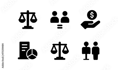 Business and legal icons set: balance scale, teamwork, finance, analytics in black silhouette style