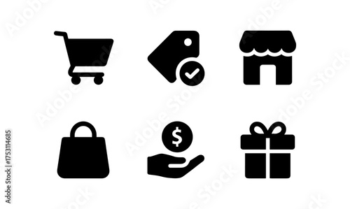 Set of shopping icons: cart, tag, store, bag, hand with coin, gift box