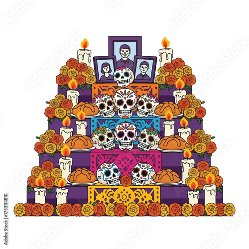 Vibrant purple ofrenda altar decorated with sugar skulls, marigolds, and candles for Day of the Dead celebration against a clean white background with warm colorful tones.