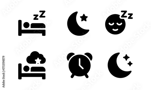 Nighttime symbols set: sleep, moon, star, alarm clock, minimal style icons for sleep themes