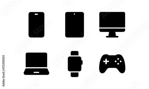 Silhouette icons of modern technology gadgets: smartphone, tablet, computer, laptop, smartwatch, game controller
