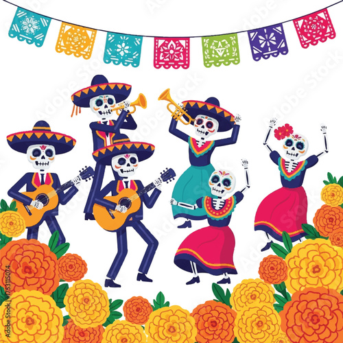 Colorful illustration of dancing skeleton mariachi musicians and dancers in traditional Mexican attire with flowers and papel picado against a white background.